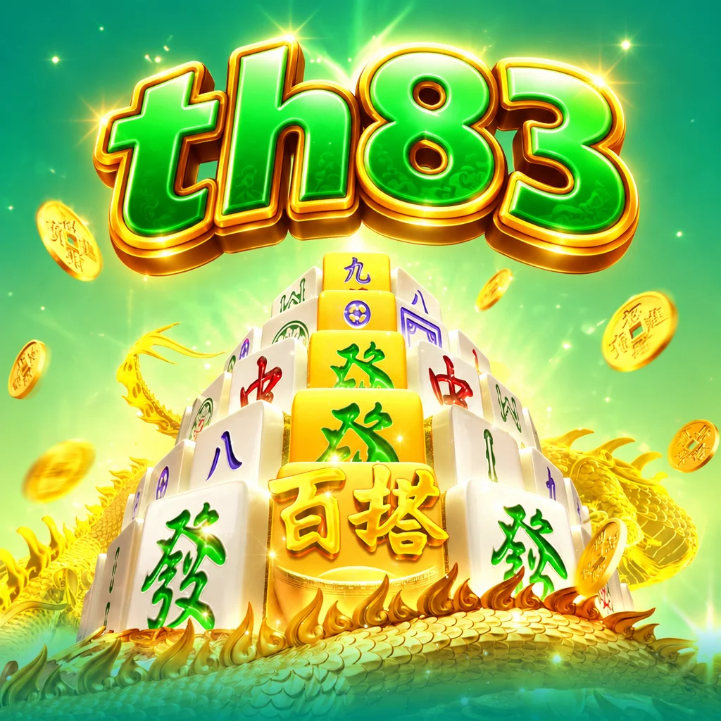 ภาพกราฟิก th83 ในเกม Mahjong Ways2 แสดงเจดีย์ไพ่นกกระจอก มังกรทอง และเหรียญทองบนพื้นหลังสีเขียว